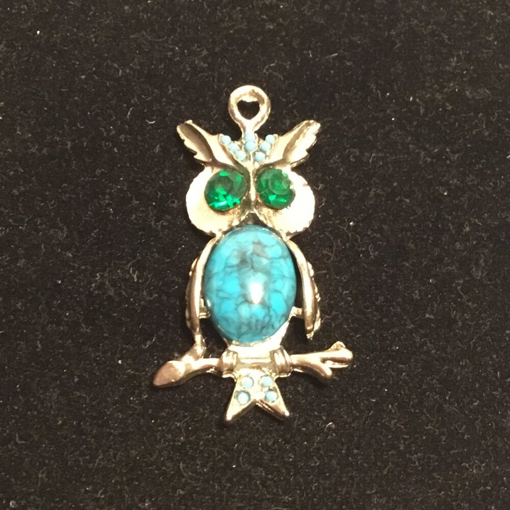 Vintage Jelly Belly owl pendant w/ faux turquoise and green rhinestone eyes